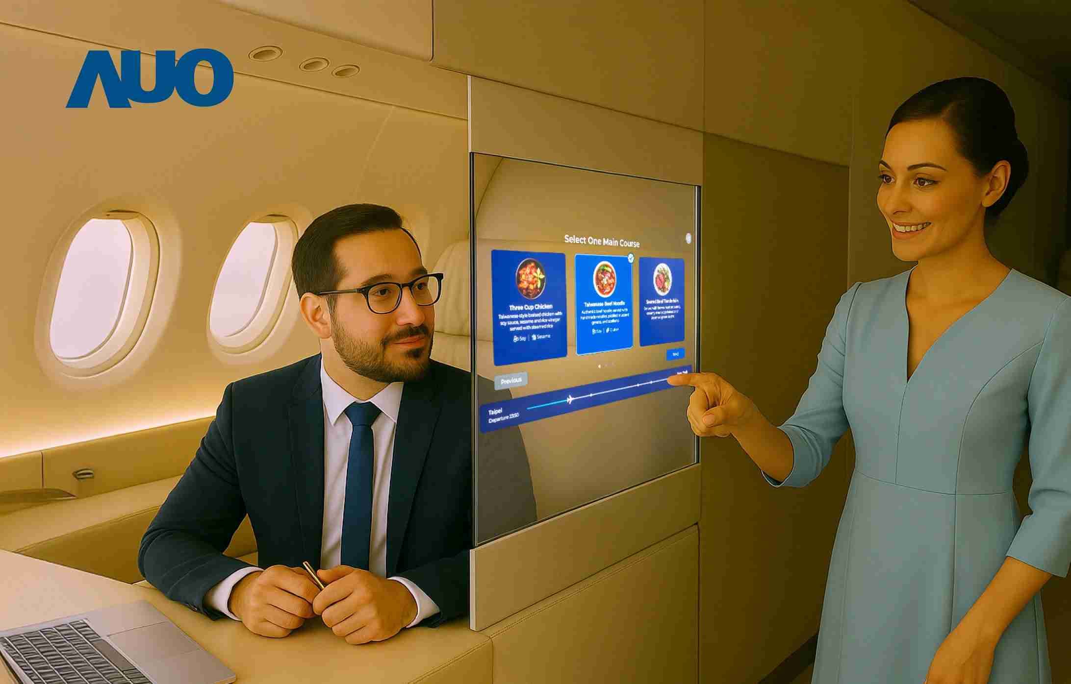 OBPay研发全球最薄17.3 吋双面透明 Micro LED 显示器，，，可在同一屏幕之双边投射不同信息，，，创造独特的”透明化”互动；图为实时翻译交流应用情境